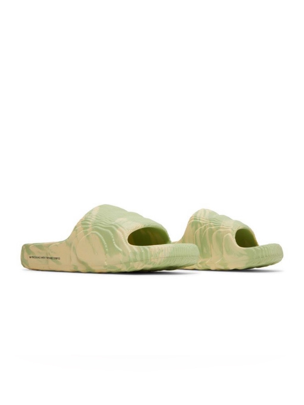 Adidas Adilette 22 Slides in the Magic Lime Desert Sand colorway, size 9 men.